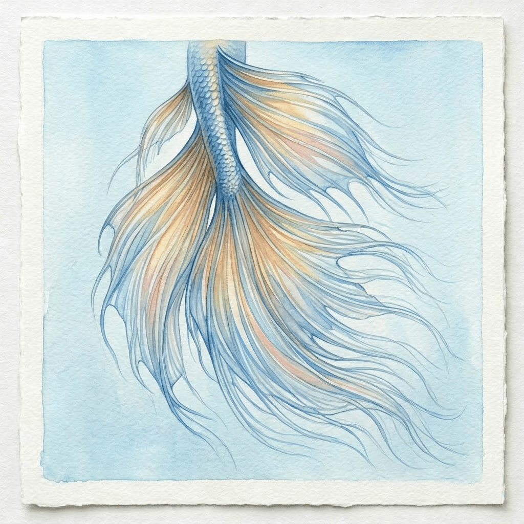 Watercolor painting of a goldfish with blue and orange fins against a light blue background